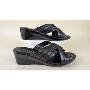 Karen Scott Shirlei Wedge Sandals Womens 5.5 M Black Faux Leather Shoes NEW